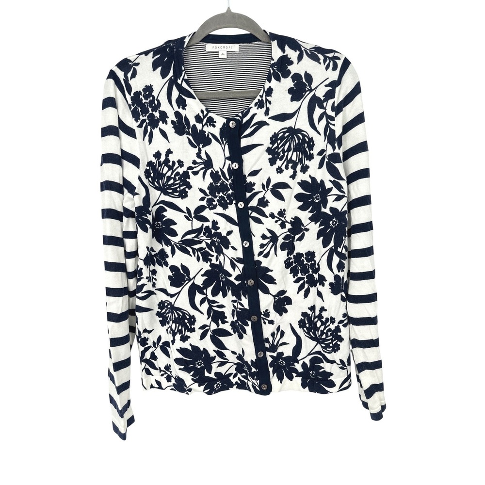 Foxcroft Cardigan Women XL White Blue Floral Stripe Button Lightweight Cottage